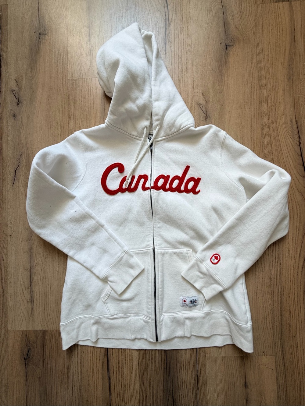 Canada Script White Zip Hoodie with Red Appliqué
